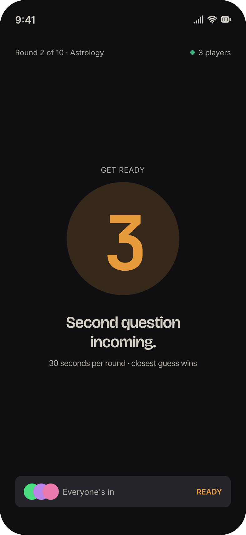 Countdown screen: a giant amber 3 counting down to the next question